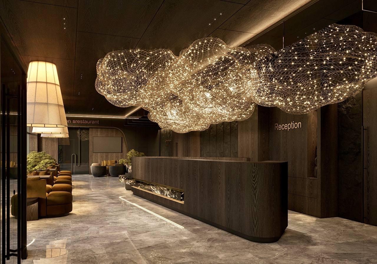 Holiston reception beneath a cloud chandelier